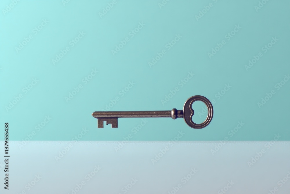 Poster lone mysterious key lying on pristine surface with minimalistic elegant surroundings and abundant co