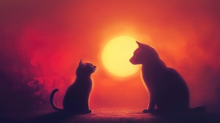 Two Cats Staring at Setting Sun in Dreamy, Dramatic Landscape