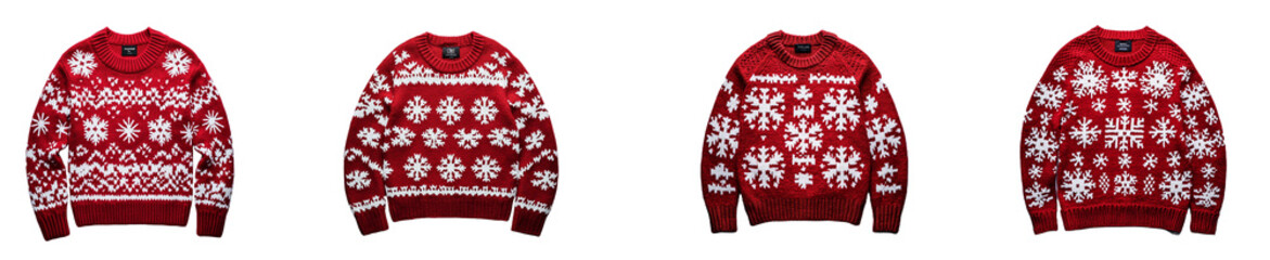 Collage of Four Red Sweaters with White Snowflake Patterns on a Transparent Background