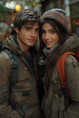 Fototapeta premium Smiling couple in winter gear, standing close, with snow sprinkled on their hair