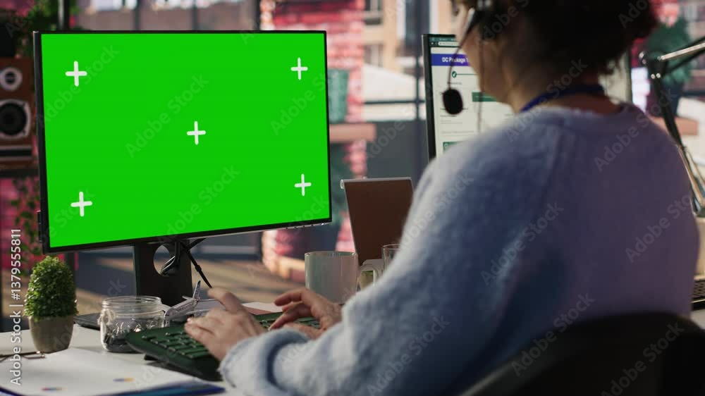 Poster call center employee working on green screen mockup pc, doing account management in office. customer