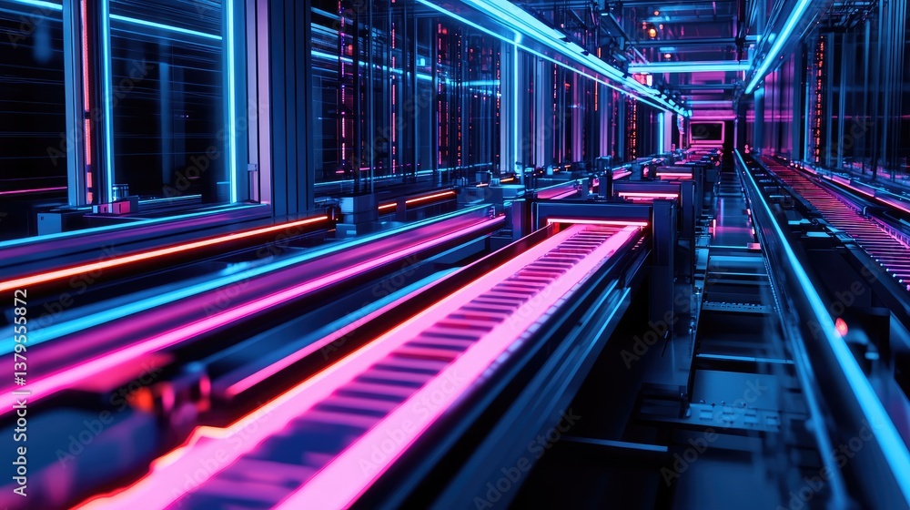 Poster automated conveyor belt system moving products in a high-tech smart factory, illuminated by futurist