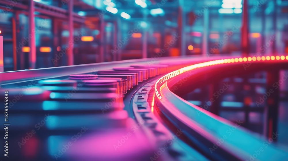 Poster automated conveyor belt system moving products in a high-tech smart factory, illuminated by futurist