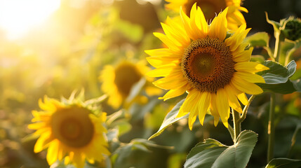 Obraz premium sunflower, flower, nature, summer, yellow, field, sky, plant, agriculture, sun, sunflowers, blue, beauty, leaf, bright, blossom, flora, petal, flowers, color, blooming, plants, garden, growth, seed