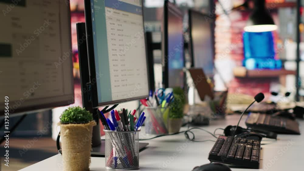Poster pc displays in empty call center office where unsatisfied customers call to solve technical problems