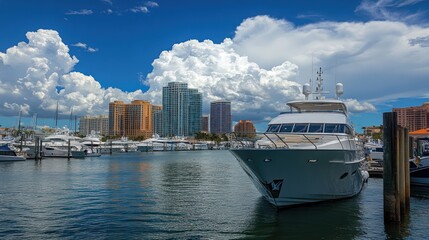 Luxury yacht docked, city skyline, sunny day, harbor, travel brochure