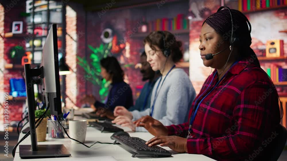 Poster happy call center agent providing step by step guidance to customers. smiling customer center worker