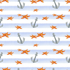 Marine pattern with anchors and starfish on blue white striped background. Simple watercolor print for summer design. Hand drawn ornament in nautical style for children textile, wallpaper or packaging