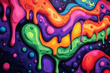 A vibrant abstract painting of colorful flowing liquid forms