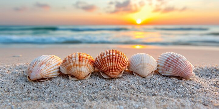 Seashells on Sandy Beach at Sunset
