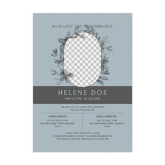 Floral funeral service invitation template features a translucent floral design and an oval placeholder for a photo on a muted blue background. The overall tone is elegant and somber