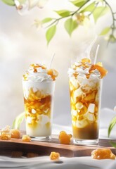 Two glasses of iced beverage with straws sitting on a wooden table surrounded by refreshing summer vibes