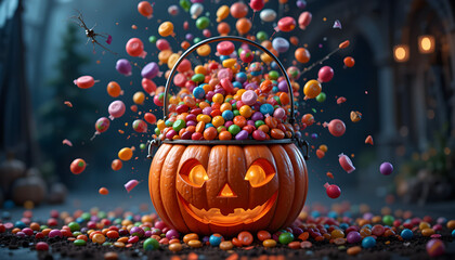 Halloween pumpkin candy bucket overflowing with colorful treats spooky season celebration image