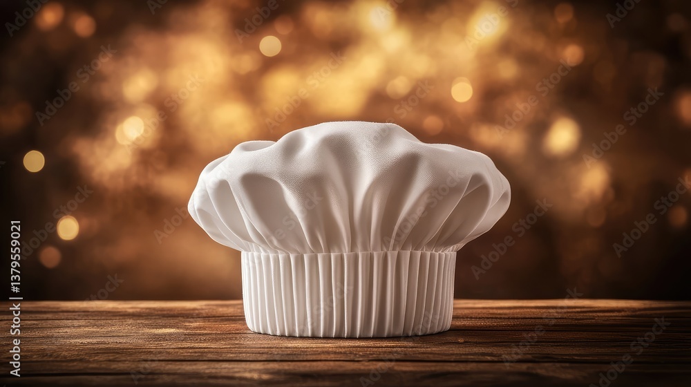 Poster a chef hat with pleats placed on a wooden surface with soft diffused lighting and clear space above 