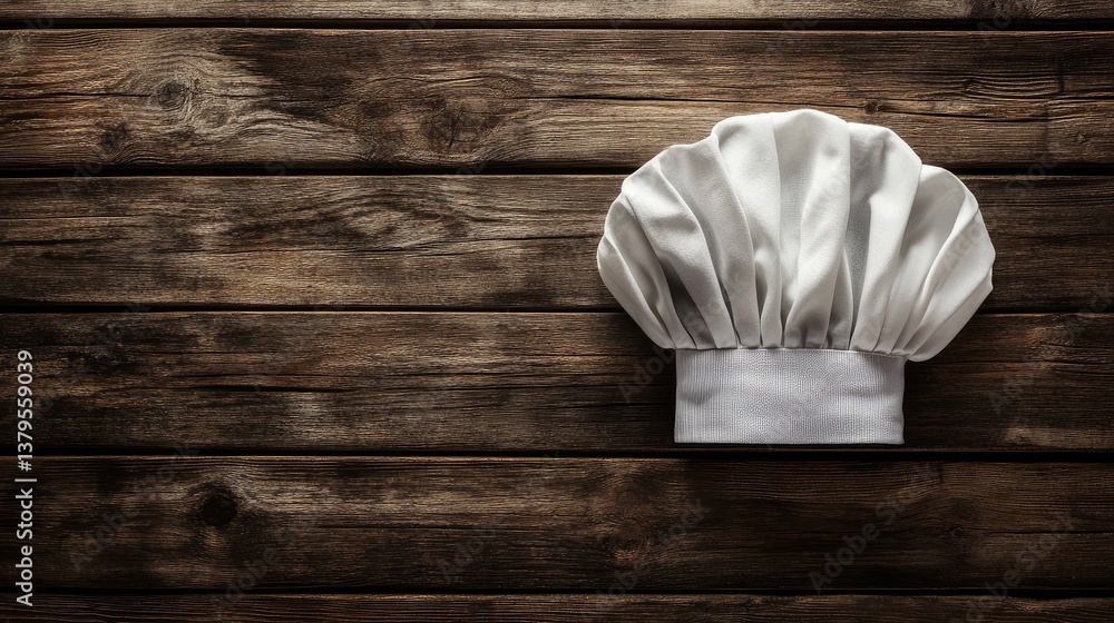 Poster a chef hat with pleats placed on a wooden surface with soft diffused lighting and clear space above 