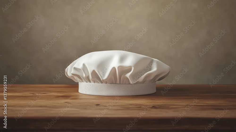 Poster a classic white chef hat placed on a wooden countertop with soft lighting, creating ample space abov