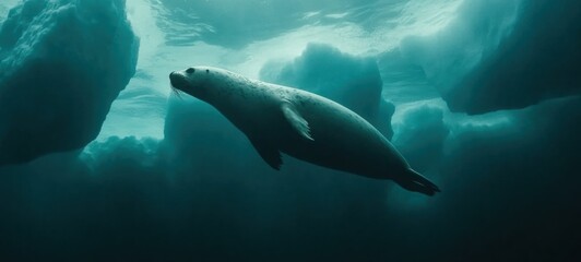 Fototapeta premium Playful seal swimming gracefully in clear blue water under bright sunlight capturing its natural habitat in the ocean