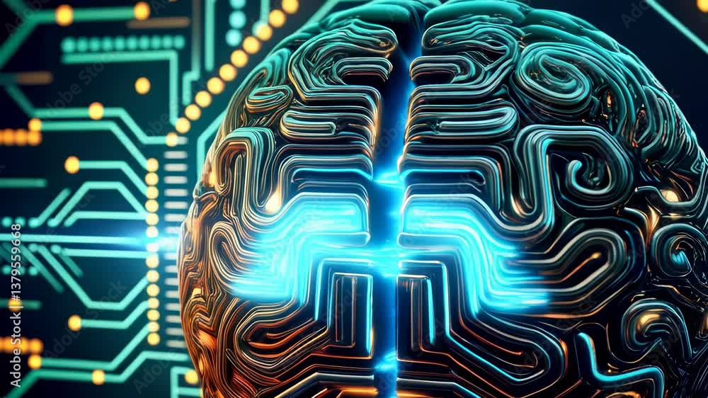 Poster agi impact concept. a digital representation of a brain integrated with circuit patterns, symbolizin