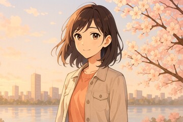 春風に包まれたアニメの現代ガール

