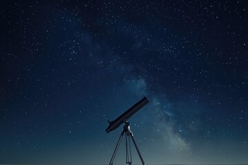 minimalist photograph of single telescope under vast night sky filled with stars providing ample copy space
