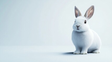 Obraz premium Sitting White Rabbit with Long Ears on Light Background