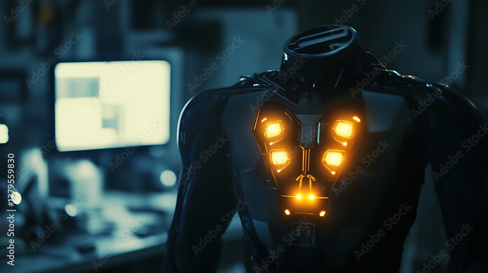 Poster a futuristic robotic mannequin with glowing lights set in a modern workspace with computers and tool