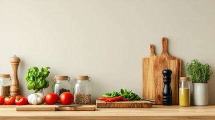 Arrangement of Kitchen Ingredients and Utensils on a Wooden Counter
