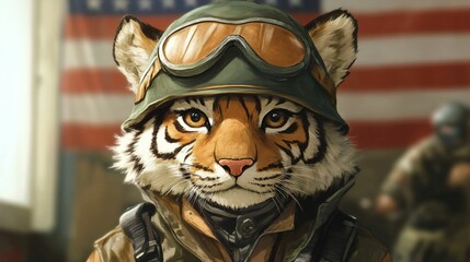 Fierce Tiger in Military Gear with Flag Background