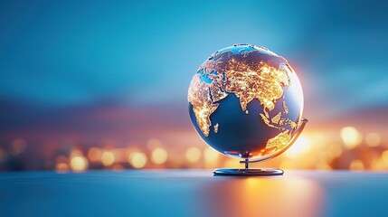 Glowing globe with illuminated continents against a blurred city background.