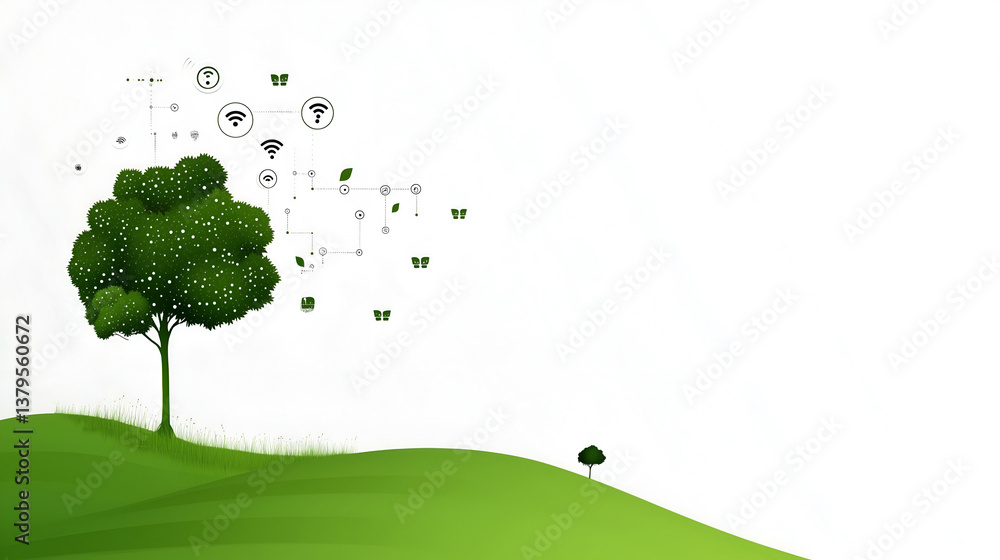 Poster digital tree with internet connection and cloud symbol on green hill, environment and technology con