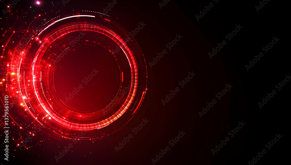 Poster a vibrant red circular design with glowing particles against a dark background, perfect for modern g