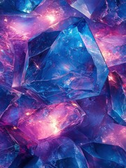 A stunning display of blue and purple crystals glimmering under soft light on a solid background