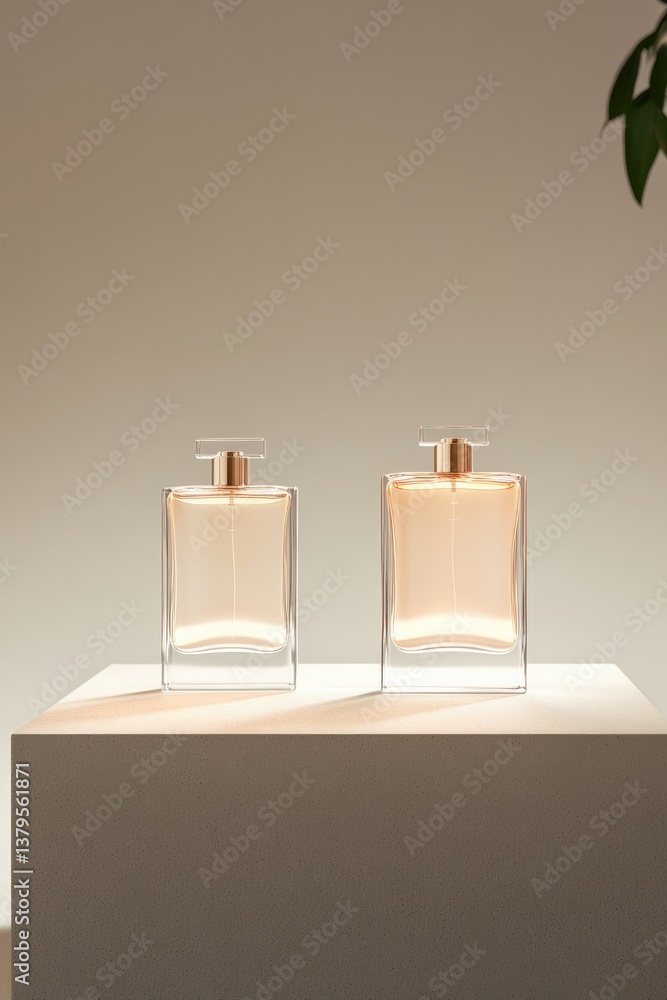 Poster minimalistic empty podium displaying fragrance bottles with ample copy space around
