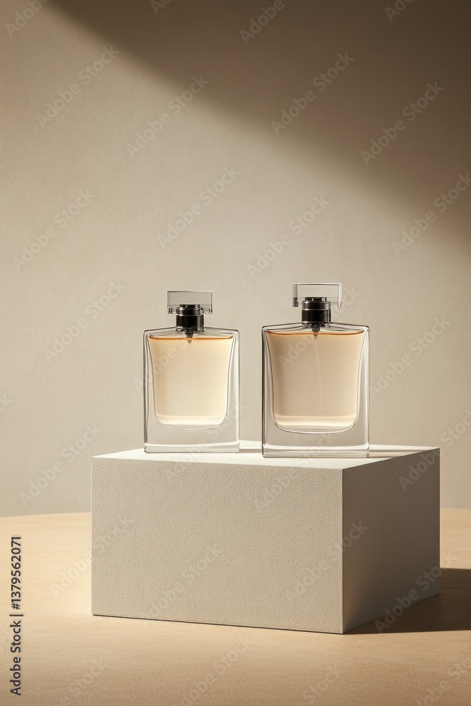 Poster minimalistic empty podium displaying fragrance bottles with ample copy space around