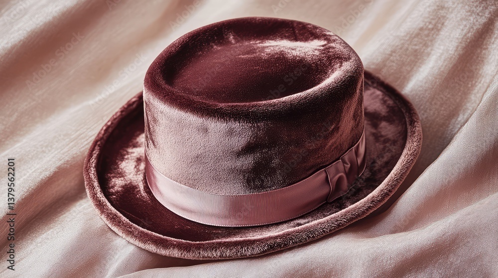 Poster a luxurious velvet hat resting on a light-colored linen fabric, with a soft gradient background and 