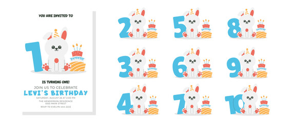 Fototapeta premium Greeting and invitation for kids Birthday party. Cute bunny in hat, number and cake with candles in flat childrens style. Vector illustration collection, design for card, poster, event, prints