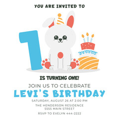 Greeting and invitation card for kids first Birthday party. Cute baby bunny,cake,number 1 in flat childrens style. Vector illustration, design for card, poster, banner