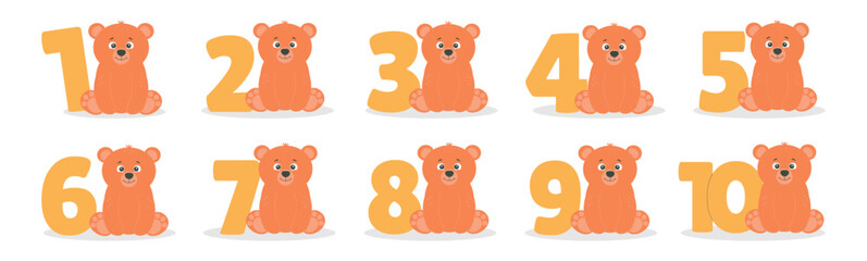 Cute bear character and number from 1 before 10 vector set. Beautiful elements for Kids Birthday Party invitation, greeting card, poster, event, prints and cake toppers design