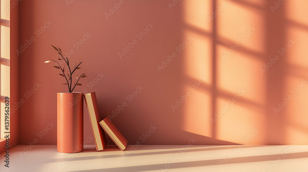 Poster a minimalist composition featuring a vase with sprigs and books casting shadows. the image exudes a 