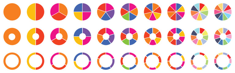 Pie chart set. Different color circles. Pie chart divided 1, 2, 3, 4, 5, 6, 7, 8, 9, 10, equal parts. donut and pie chart infographic elements. Colorful diagram graphs. Circle section graph. 