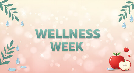 Wellness Week Banner with Fruits and Water Drops on Soft Bokeh Background