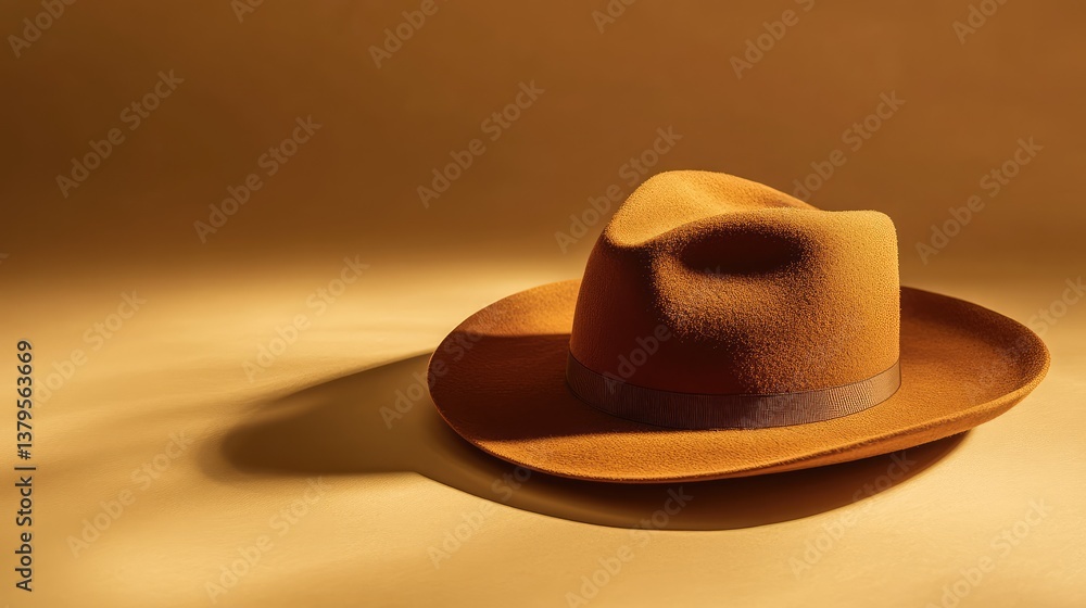 Poster a wide-brim hat placed on a neutral-colored surface with soft shadows and ample space above for bran