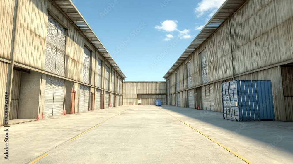 Poster cargo containers stacked at a warehouse loading dock, with wide spaces between them, perfect for tra