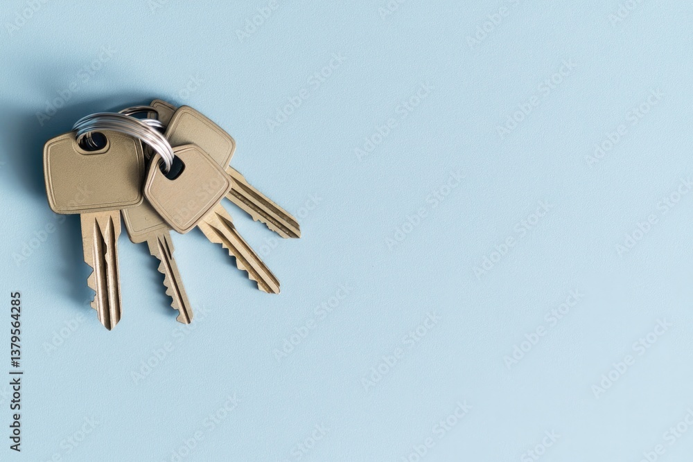 Poster minimalistic photo showcasing large keyring of diverse keys with ample copy space