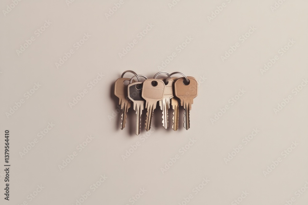Poster minimalistic photo showcasing large keyring of diverse keys with ample copy space