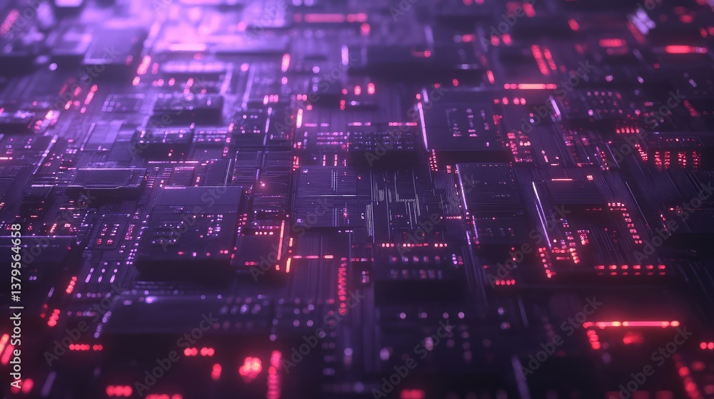Poster close-up of a complex circuit board with microchips, glowing pathways, and intricate electronic comp