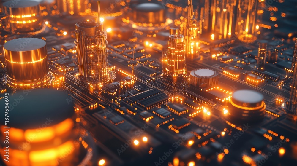 Aufkleber close-up of a complex circuit board with microchips, glowing pathways, and intricate electronic comp