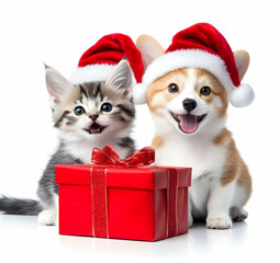 Adorable kitten and puppy wearing Santa hats beside a festive gift, perfect for holiday celebrations and pet-themed decorations.