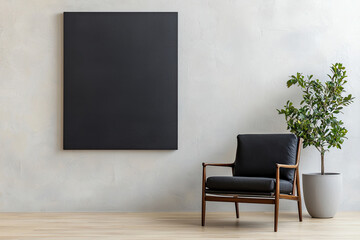 A serene minimalist living space featuring a dark canvas artwork, a mid-century modern armchair, and a lush potted plant against a textured wall with soft natural lighting.