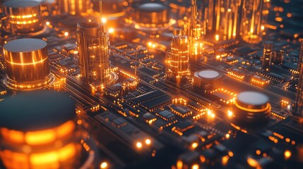 Obraz premium Close-up of a complex circuit board with microchips, glowing pathways, and intricate electronic components. A futuristic technology and engineering concept.